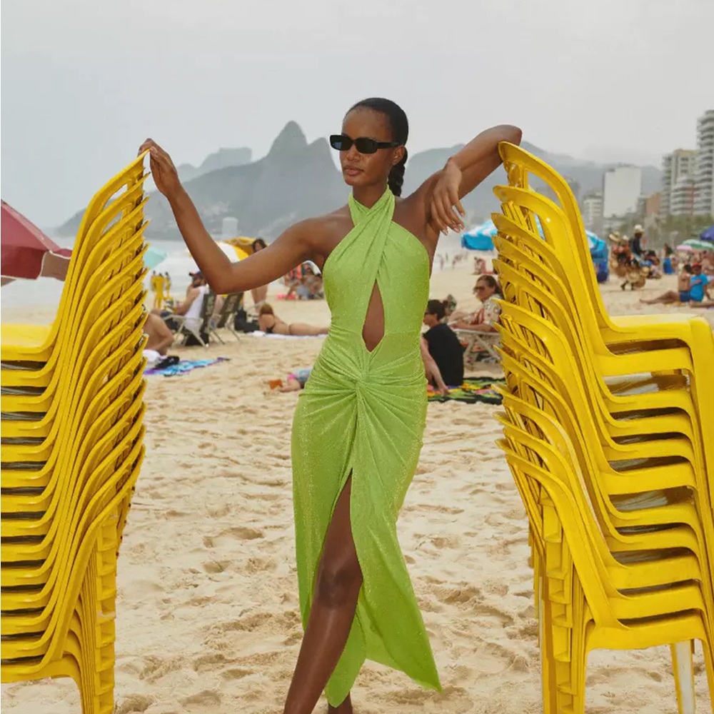 Baobab Kena Collection Lime Green Sparkle Tie-Strap Dress, XS